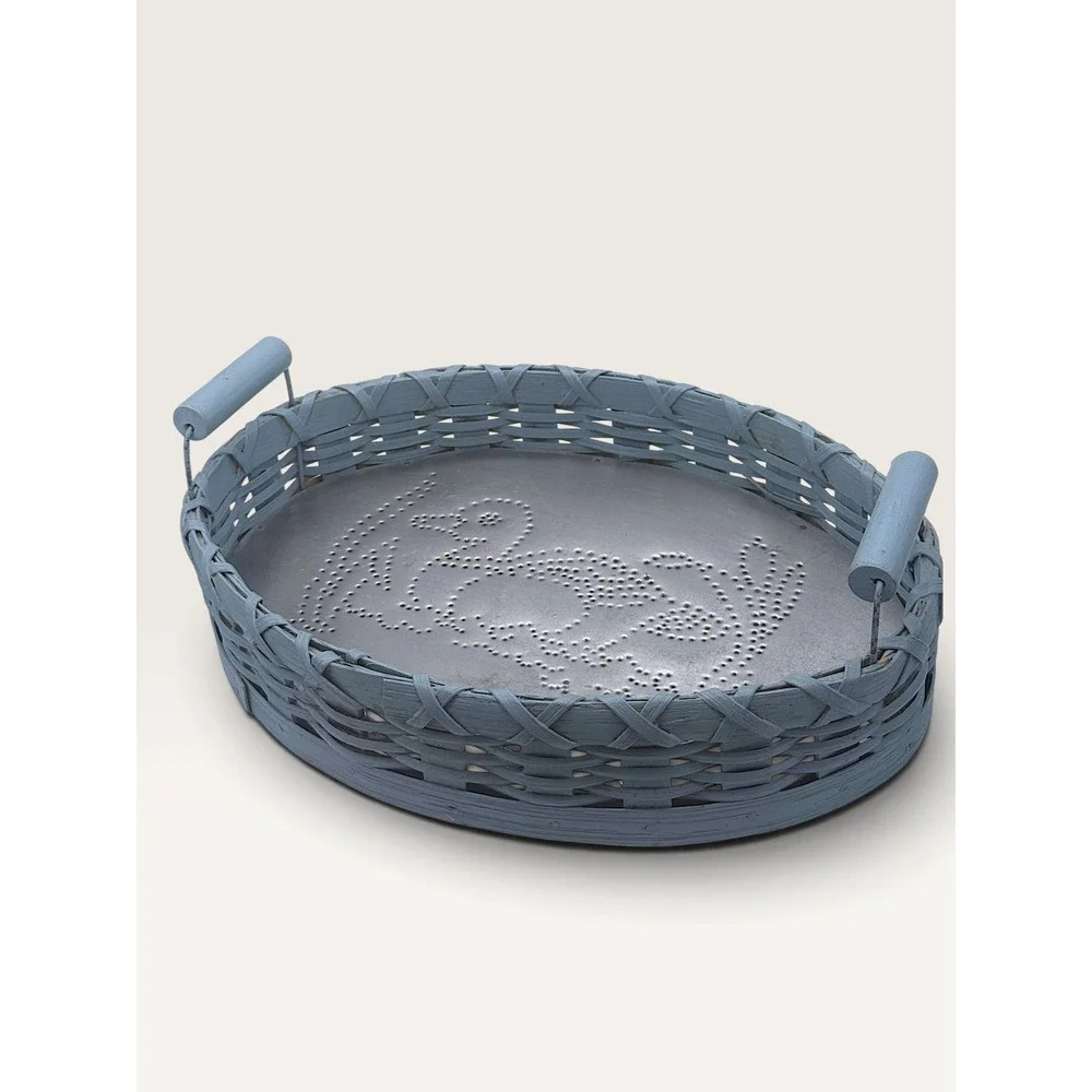 Vintage Brenda's Crafts N Things Blue Wicker Punched Tin Duck Basket Farmhouse